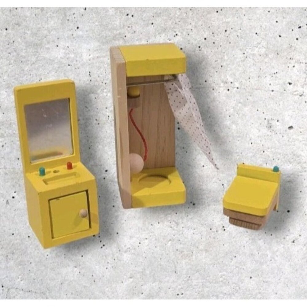 Pidoko Kids Wooden Dollhouse Bathroom Shower Toilet Sink Mirror Mini Set Of 3